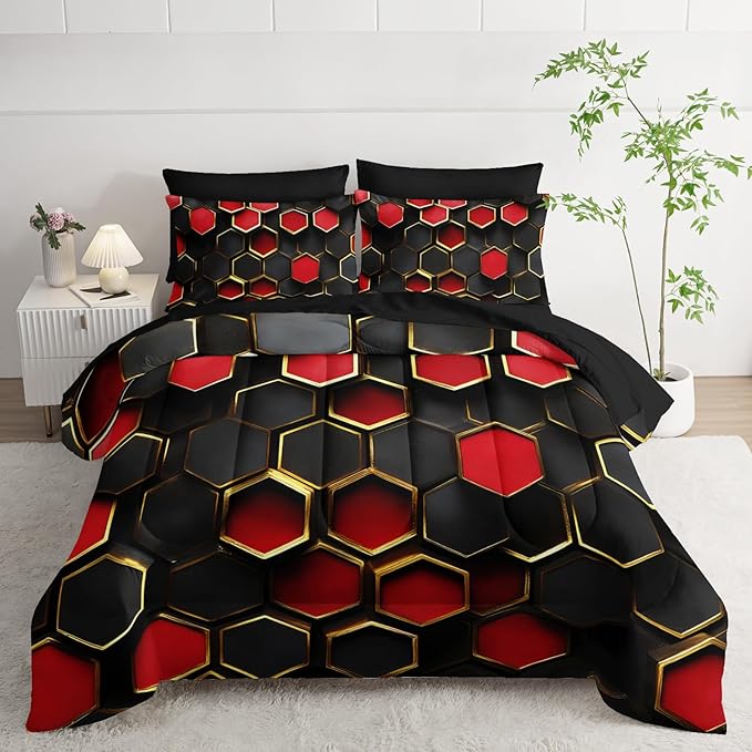 7 Piece Red and Black Comforter Set King Checkered，King Size Checkered Bedding Set，(1 Comforter, 1 Flat Sheet, 1 Fitted Sheet, 2 Pillowcase and 2 Pillow Sham)