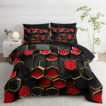 7 Piece Red and Black Comforter Set Queen Checkered，Queen Size Checkered Bedding Set，(1 Comforter, 1 Flat Sheet, 1 Fitted Sheet, 2 Pillowcase and 2 Pillow Sham)