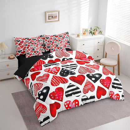 Feelyou Valentine's Day 7 Piece Bedding Set Full Size Red Black Heart-Shaped Comforter Set with Sheets for Adult Polka Dot Bed in a Bag Romantic Bed Set