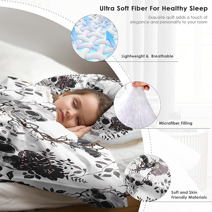 Comforter Set King Size, Vintage Soft 3 Pcs Bedding for Kids and Adults, Skeleton Flower Dead Tree Comforter Set with Pillowcase, for Bedroom Bed Decor