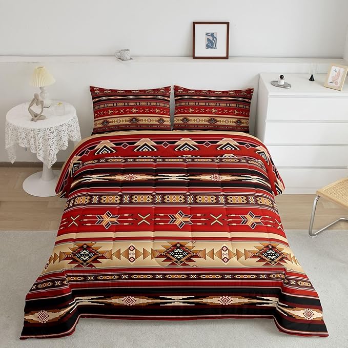 Aztec Comforter Set Ethnic Tribal Arrow Quilt,Retro Southwest Native Bohemian Bedding Set Full,Western Star Geometric Sriped Duvet Insert African Tribe Exotic Nordic Style Boho Decor,Red and Black