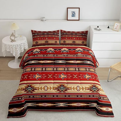 Aztec Quilt Ethnic Tribal Arrow Comforter Set,Retro Southwest Native Bohemian Bedding Set King,Western Star Geometric Sriped Duvet Insert African Tribe Exotic Nordic Style Boho Decor,Red and Black