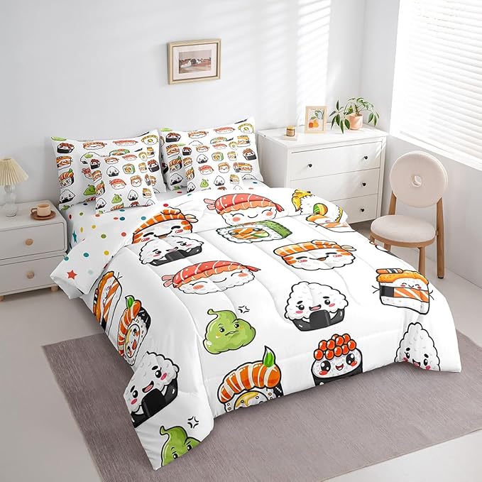Feelyou Cute Sushi Comforter Set King Size 7 Pcs Japanese Nigiri Comforter Bed in a Bag Kawaii Japan Mustard Bedding Set for Boys Girls Teens Bed Set with Sheets, Pillowcases, Pillow Covers