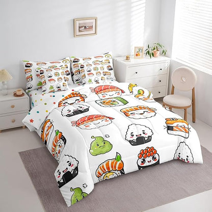 Feelyou Cute Sushi Comforter Set King Size 7 Pcs Japanese Nigiri Comforter Bed in a Bag Kawaii Japan Mustard Bedding Set for Boys Girls Teens Bed Set with Sheets, Pillowcases, Pillow Covers