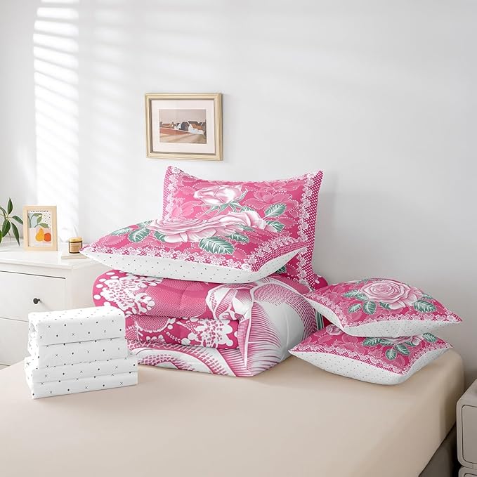 Feelyou Rose Comforter Set King Size 7 Pieces Rose Floral Flower Bedding Set for All Season Romantic Vintage Garden Flower Bed in a Bag with Comforter, Sheets, Pillowcases & Cushion Cover