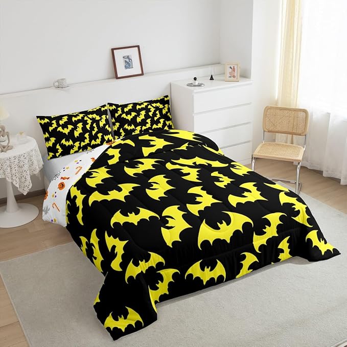 Erosebridal Yellow Bat Queen Comforter Set Halloween Bat Bedding Set Spooky Goth Gothic Animal Bed Set Horror Halloween Quilt Set for Kids Teens Adults