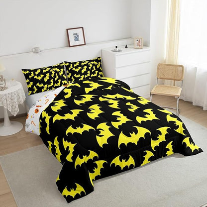 Erosebridal Yellow Bat King Bedding Set Halloween Bat Comforter Set Spooky Goth Gothic Animal Bed Collections Horror Halloween Duvet Quilt Sets for Kids Teens Adults