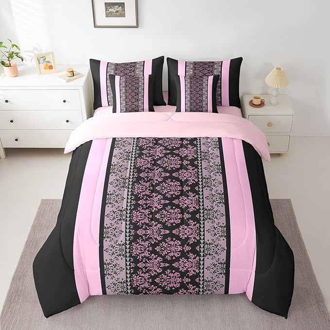 jejeloiu Adult Classic Jacquard 7 Piece Bedding Set King Size Damask Pattern Comforter Set with Sheets for Boys Girls Black Pink Stripe Bed in a Bag Baroque Bed Set