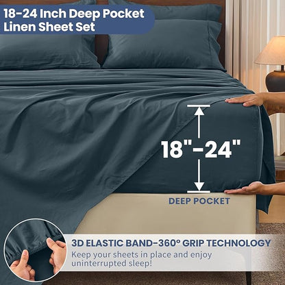 Bedlifes 100% French Flax Linen Sheets Set King Size - 6 Piece Extra Deep Pocket 18-24",Soft Breathable King Bed Sheets with Temperature Regulating & Moisture-Wicking(Cool Gray