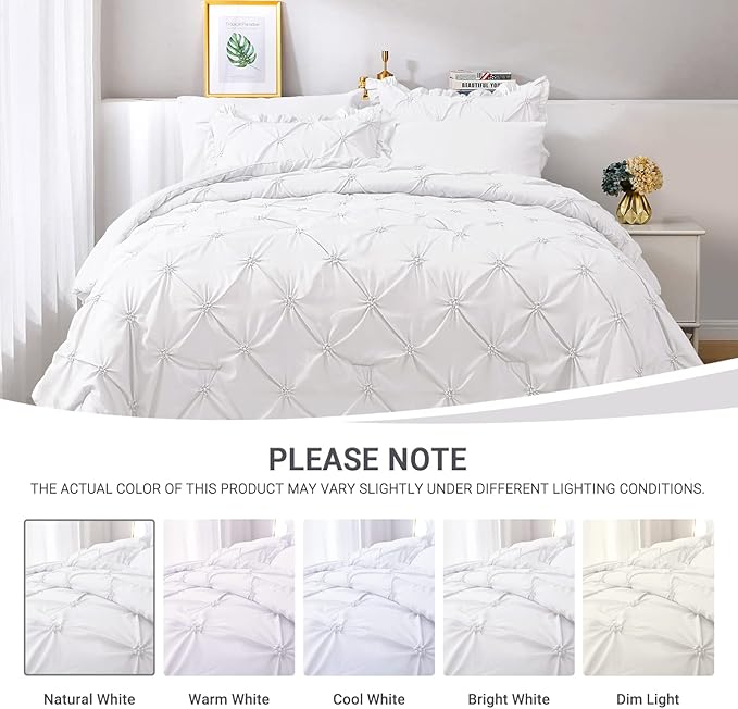 JOLLYVOGUE White Cal King Size Comforter Sets 7 Pieces, Pintuck Bed in a Bag Comforter Set for Bedroom, Bedding Comforter Sets with Comforter, Sheets,Ruffled Shams & Pillowcases