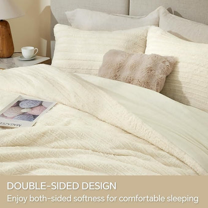 BEDELITE Fleece King Comforter Set -Super Soft & Warm Fluffy Cream White Faux Fur Bedding, Luxury Fuzzy Heavy Bed Set for Winter with 2 Pillow Cases