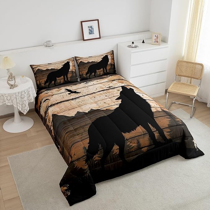 Feelyou Wolf Print Comforter Set King for Girls Women Teens Adult, Kids Boys Wildlife Hunting Theme Bedding Set, Western Farmhouse Comforter Soft Quilt Set, with 2 Pillowcase 3pcs Bedding