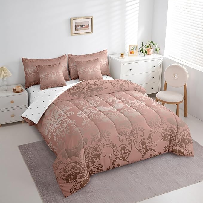 Erosebridal Gothic Damask 7 Piece Comforter Set Full Bed in a Bag,Halloween Bat Bedding Sets Light Pink Victorian Floral Goth Sheet Set with Comforter