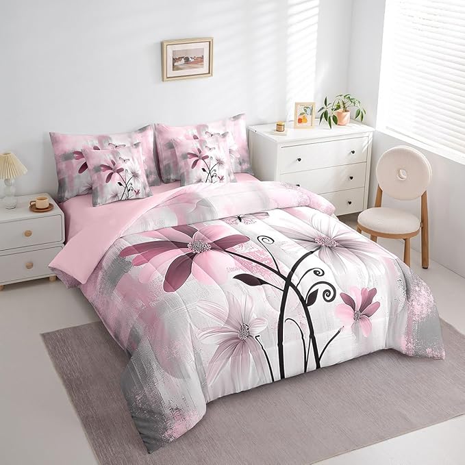 Feelyou Girls Daisy Flower Comforter Set with Sheets Full Size 7 Pieces Kids Vintage Floral Butterfly Bedding Set for Boys Women Teens Pink White Grey Simple Modern Abstract Art Bed in a Bag