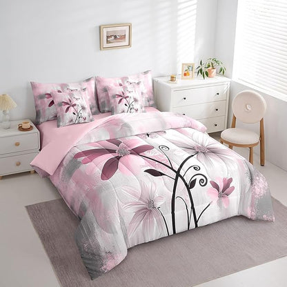 Feelyou Girls Daisy Flower Comforter Set with Sheets Queen Size 7 Pieces Kids Vintage Floral Butterfly Bedding Set for Boys Women Teens Pink White Grey Simple Modern Abstract Art Bed in a Bag