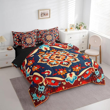 Oriental Bed in a Bag Vintage Bedding Full Size 7pcs, Art Deco Floral Comforter Set Boho Tribal Bedding Comforter Sets Traditional Aesthetic Bedding Accessories, Hippie Paisley Mandala Decor Red