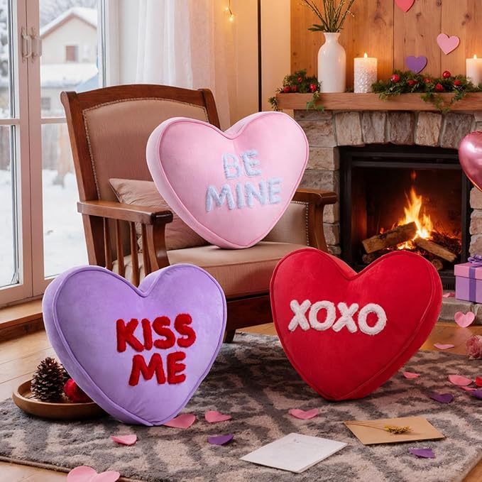 Lanpn Valentines Day Heart Pillows 3Pcs, Love Heart Shaped Pillow Plush Throw Pillow Heart Decorative Cushion for Living Room Bedroom Couch Bed Sofa Valentine Day Decor (Pink Red Purple, 16x14in)