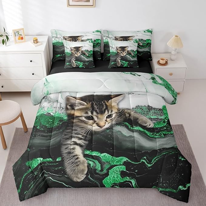 Erosebridal Green Marble Cat Bedding Set Full Watercolor Marble Ink Fluid Bed in A Bag Luxury Modern Marbling Comforter Sets with Sheets Retro Artwork Style Aesthetic Bed Set(Green, Full)