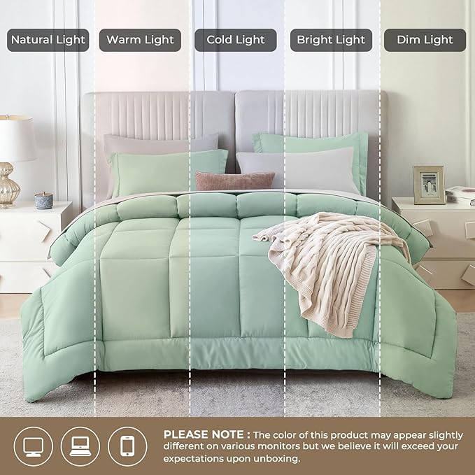 Sasttie Twin Comforter Set, 5 Pieces Reversible Bed in a Bag Twin, Complete Bedding Set Includes Comforter, Flat Sheet, Fitted Sheet, Pillowcase and Pillow Sham, Sage & Light Grey