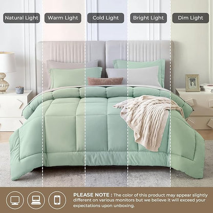 Sasttie Twin Comforter Set, 5 Pieces Reversible Bed in a Bag Twin, Complete Bedding Set Includes Comforter, Flat Sheet, Fitted Sheet, Pillowcase and Pillow Sham, Sage & Light Grey