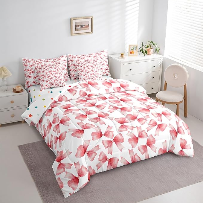 Feelyou Red Bow Comforter Set with Sheets Full Size Kids Bowknot 7 Pieces Bedding Set for Boys Girls Teens Gift for Girls Women Bed in a Bag Breathable Princess Décor Bed Set
