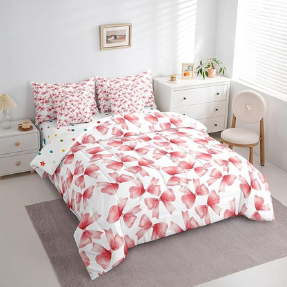 Feelyou Red Bow Comforter Set with Sheets Full Size Kids Bowknot 7 Pieces Bedding Set for Boys Girls Teens Gift for Girls Women Bed in a Bag Breathable Princess Décor Bed Set