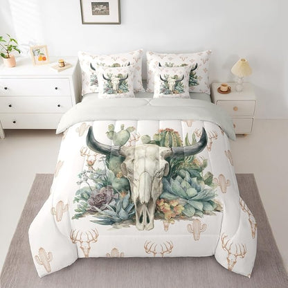 Erosebridal Aztec 7 Piece Bedding Set Full Bull Skull Comforter Set with Sheets Western Desert Cactus Succulents Pattern Bed in a Bag Deer Skull Hand Drawn for Teens Men Women