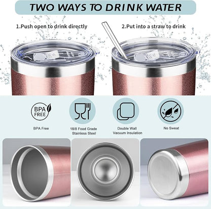 20oz Tumbler with Straw and Brush, Stainless Steel Vacuum Insulated tumbler, Double Wall Insulated Coffee Tumbler for Outdoor, Home, Travel,Office (Rose Gold,1pcs)