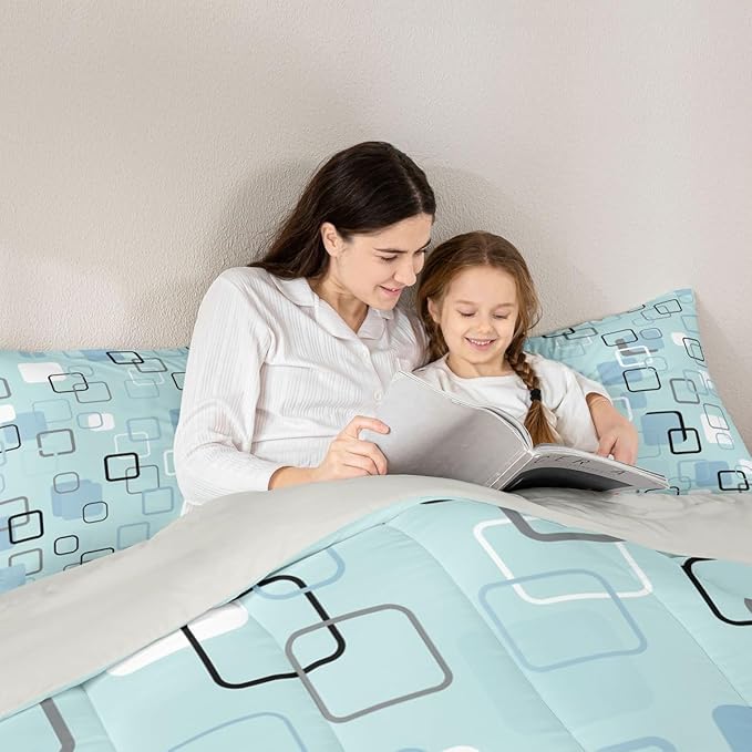 Erosebridal Aqua Geometric Square Bedding Set Full Modern Stripes Aesthetic Comforter Set for Kids Girls Boys Modern Gradient Ombre Down Comforter Soft Teal Grid Quilt Duvet