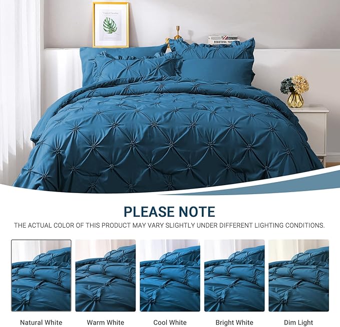 JOLLYVOGUE Teal Twin Size Comforter Sets 5 Pieces, Pintuck Bed in a Bag Comforter Set for Bedroom, Bedding Comforter Sets with Comforter, Sheets,Ruffled Shams & Pillowcases