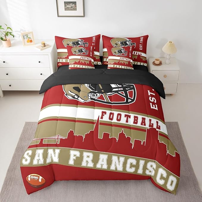 Erosebridal Football 7 Pcs Comforter Set Queen Football Fans Bedding for Men Footballs City Sheet Set Bed in A Bag Red Rugby Competition Room Decor Sports Ball Game Quilt