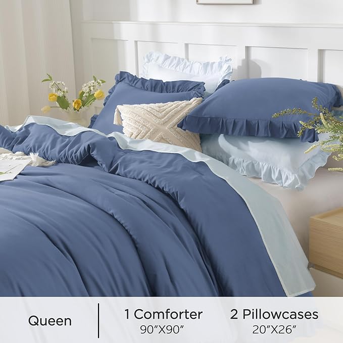 Andency Ocean Blue Comforters Queen Size, 3 Pieces Solid Shabby Chic Farmhouse Bedding Comforters & Sets, Lightweight Fluffy All Season Soft Down Alternative Bed Set for Women Men