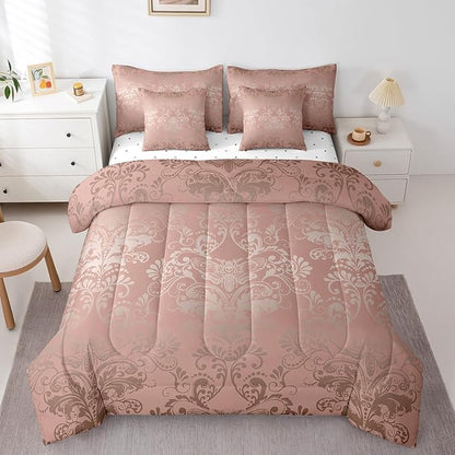 Erosebridal Gothic Damask Bed in a Bag King Size Comforter Set 7 Pieces,Exotic Moth Bedding Sets Light Pink Victorian Floral Goth Sheet Set with Comforter