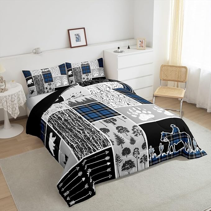 Erosebridal Western Comforter Set Queen,Bear Horse Cowboy Bedding Set,Royal Blue Buffalo Grid Plaid Quilt,Rustic Famrhouse Duvet Insert Dream Catcher Arrow Decor 3Pcs for Kids Boys Teens Bedroom
