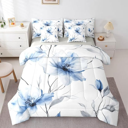 Erosebridal Blue and Grey Twin Comforter Set with Sheets,Boho Watercolor Floral 7 Piece Bedding Set | Ink Painting Style Blossom & Leaf Bed in A Bag for Chic Artistic Elegant Bedroom