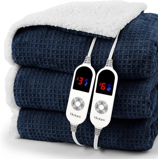 Heated Blanket Electric Blanket Queen Waffle,84x90 Inches Sherpa Fleece Fast Heating Blanket 6 Heating Levels & 10 Hours Auto Off ETL Certification, Navy Queen