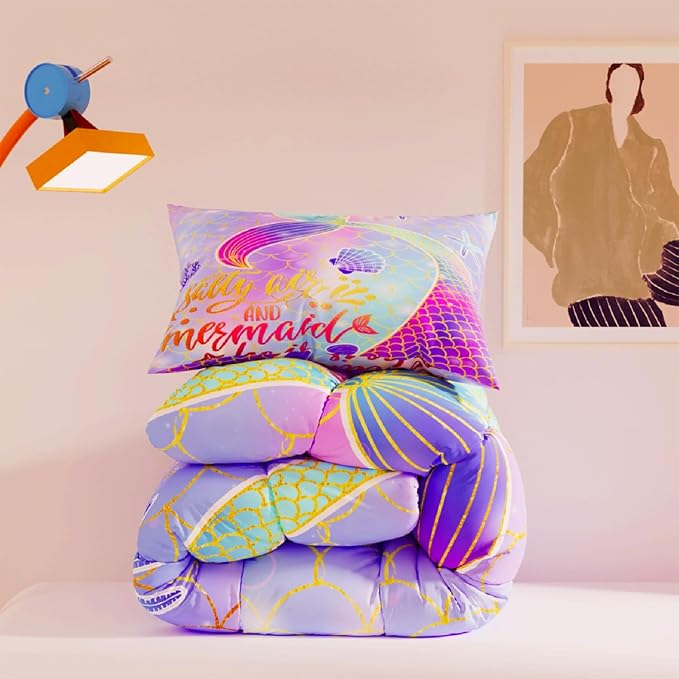 Mermaid Comforter Sets,Cute Pattern for Kids Girls Adults,Decorative Bedding Comforter Sets with 2 Pillow Shams, Queen Size