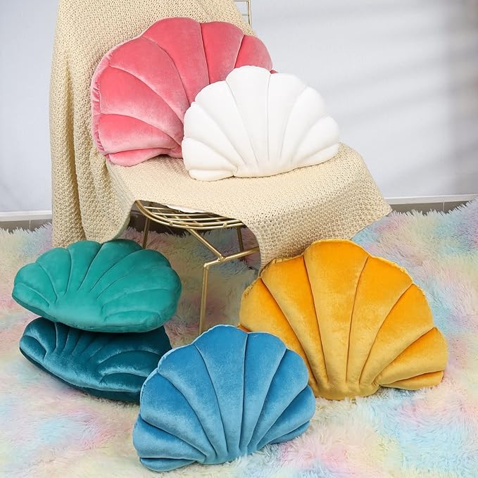 Yi-gog Seashell Pillow Sea Shaped Decorative Princess Throw Pillow 3D Velvet Soft Ocean Cute Throw Pillows for Bed Couch Chair Sofa Room 18 X 13 inch