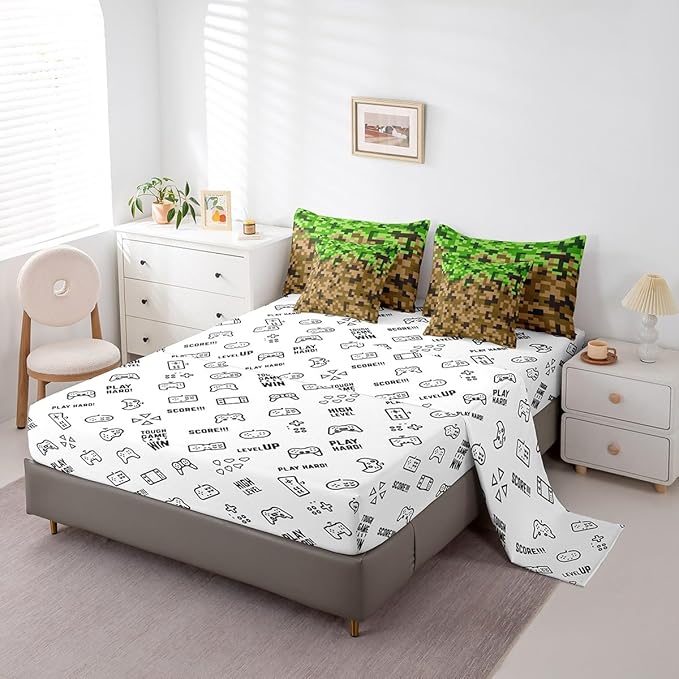 Miner Style Square Grid 7Pcs Comforter Set Queen Size,Brown Green Army Camo Bedding Set for Kids Boys Teens Men Room Decor,Cartoon Gamepad Reversible Bed in a Bag Pixelated Games Flat Fitted Sheet