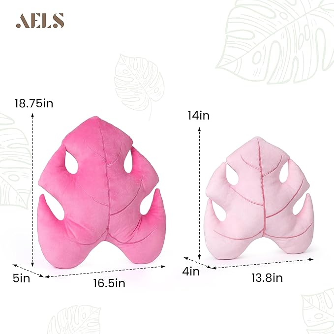 AELS Set of 2 3D Leaves Decorative Valentine Throw Pillows, 18" & 14" Monstera Deliciosa Plush Pillow Set for Plant Lovers Garden Lovers, Living Room Bedroom Nursery Decor, Pale Pink & Hot Pink