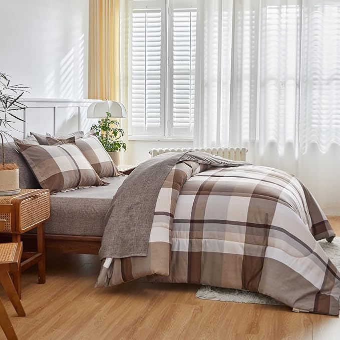AIKASY Bed in a Bag 6 Piece Twin Size, Brown Plaid Design Soft Microfiber Reversible Bed Comforter Set for All Season(1 Comforter, 1 Flat Sheet, 1 Fitted Sheet, 2 Pillow Shams, 1 Pillowcase)