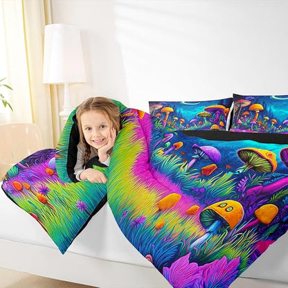 Mushroom Kids Bedding Set Queen Size,Star Moonlight Galaxy Magical Comforter Set，Mysterious Plant Quilt Comforter,Colorful Bedroom Duvet Insert,2 Pillowcases
