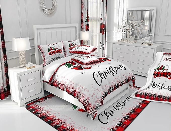 Christmas Truck Pine Tree Comforter Set Twin Size for Kids Girls Boys,Merry Christmas Bedding Set White Black Red Snowflake Patchwork Plaid Quilt Set Geometric Grid Duvet Insert,1 Pillowcase
