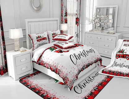 Christmas Truck Pine Tree Comforter Set Queen Size for Kids Girls Boys,Merry Christmas Bedding Set White Black Red Snowflake Patchwork Plaid Quilt Set Geometric Grid Duvet Insert,2 Pillowcases