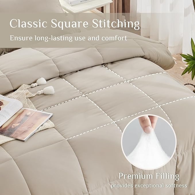 JOLLYVOGUE Queen Comforter Set, Ultra-Soft Bed in a Bag Queen Size 7 Pieces, Oeko-TEX Certified Bedding Set with Down Alternative Comforter, Sheets, Pillowcases & Shams, Oatmeal