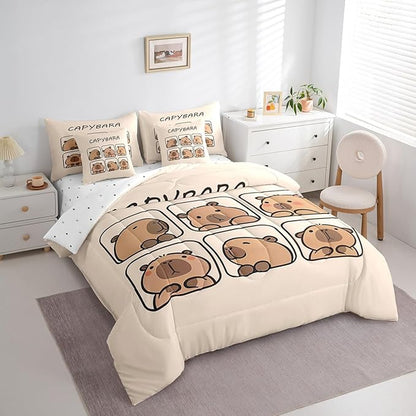 Erosebridal Capybara 7 Piece Bedding Set Twin Size,Cute Animal Bed in a Bag,Capybara Lovers Bed Set Includes Comforter, Sheet Set, Pillowcases & Pillow Covers All Season Bedroom Decor