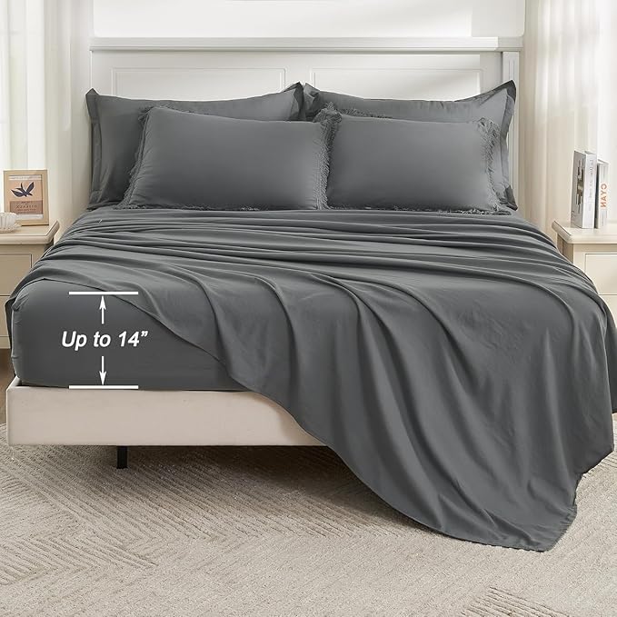 Andency Oversized King Comforter Set with Sheets 128x120 Dark Grey - 7 Pieces Bed in a Bag Boho Soft Lightweight Bedding Sets, Tassel Bed Set with Comforter, Sheets, Pillowcases & Shams