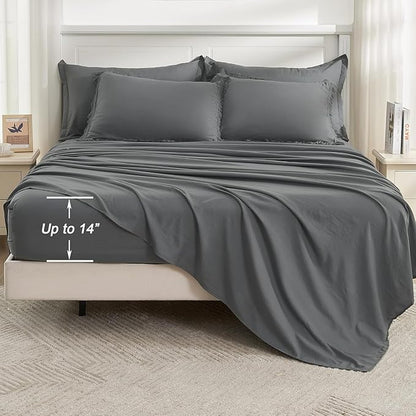 Andency Oversized King Comforter Set with Sheets 128x120 Dark Grey - 7 Pieces Bed in a Bag Boho Soft Lightweight Bedding Sets, Tassel Bed Set with Comforter, Sheets, Pillowcases & Shams