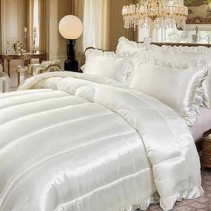 Satin King Comforter Silk Like Bedding 4 Pcs Hotel Soft Polyester White Bed Set Luxury Silky Body Pillow Cover Ruffle Home Decor