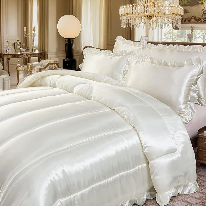 Satin Queen Comforter Silk Like Bedding 4 Pcs Hotel Soft Polyester White Bed Set Luxury Silky Body Pillow Cover Ruffle Home Decor